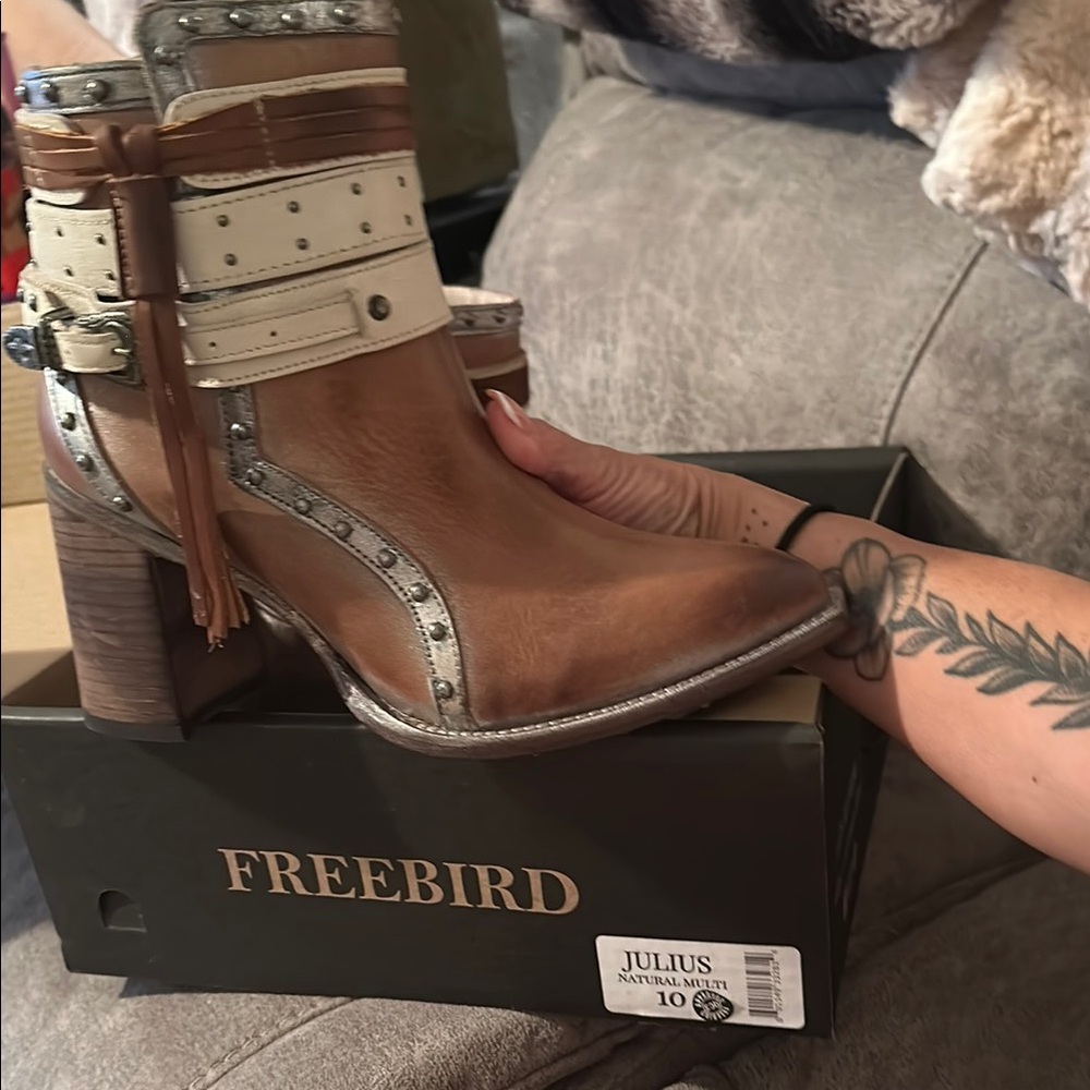 Freebird Brown and Tan Heeled Boots with Studs